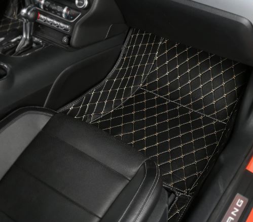 Black Leather and Purple Stitching Diamond Car Mats - Auto Americans